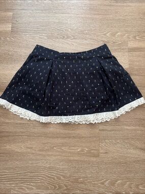 Navy Floral A-Line Skirt with Lace Trim